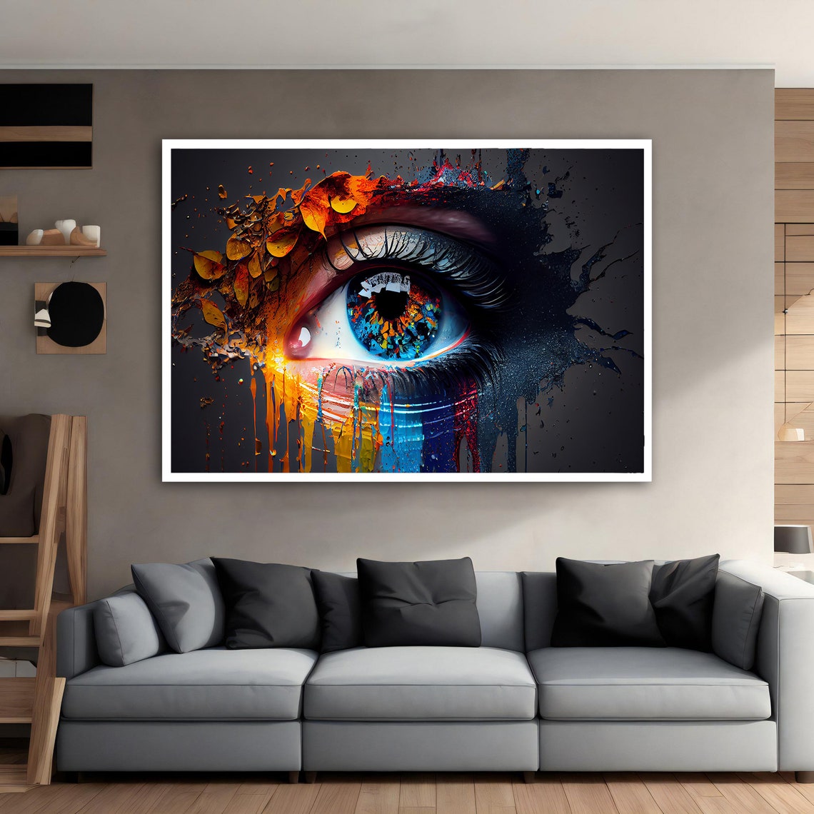 Giant Blue Eye with Splashing Paint Drips on Dramatic Black Poster - Image 4