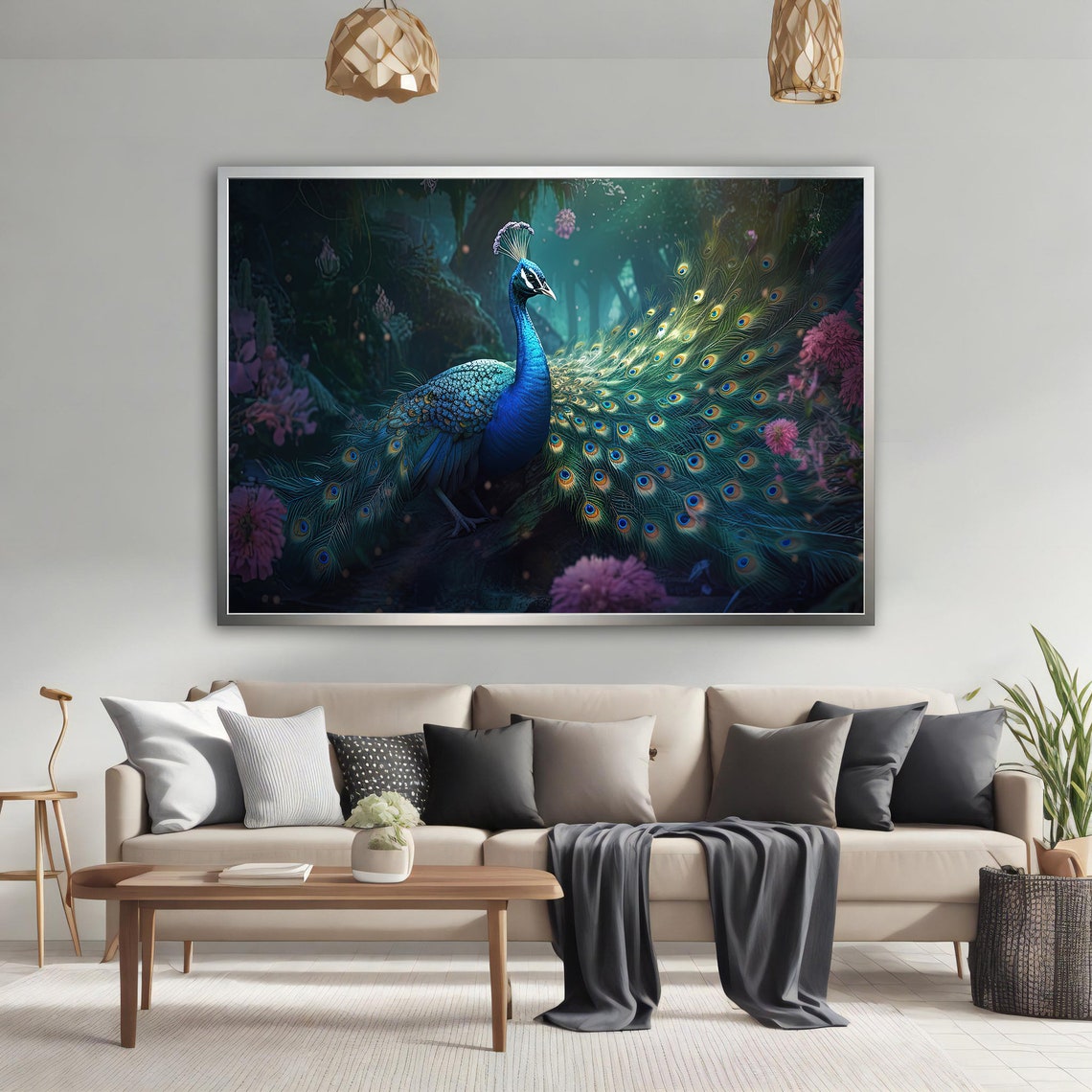 Blue Peacock Dark Forest Pink Flowers Elegant Wildlife Art Poster - Image 4