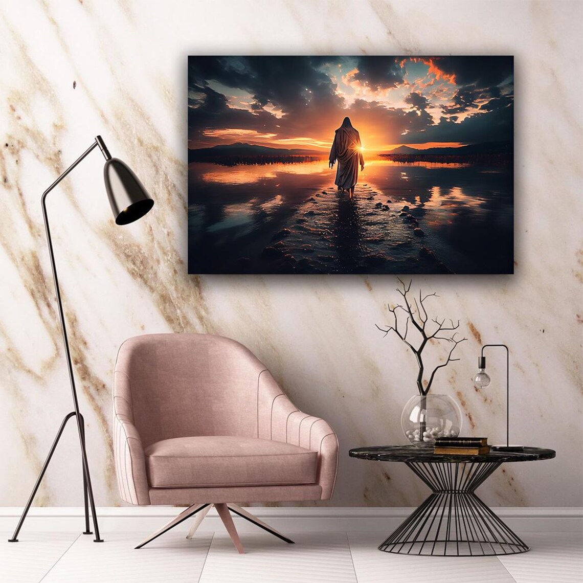 Jesus Walking On Water Sunset Miracle Calm Sea Inspirational Faith Art Poster - Image 2