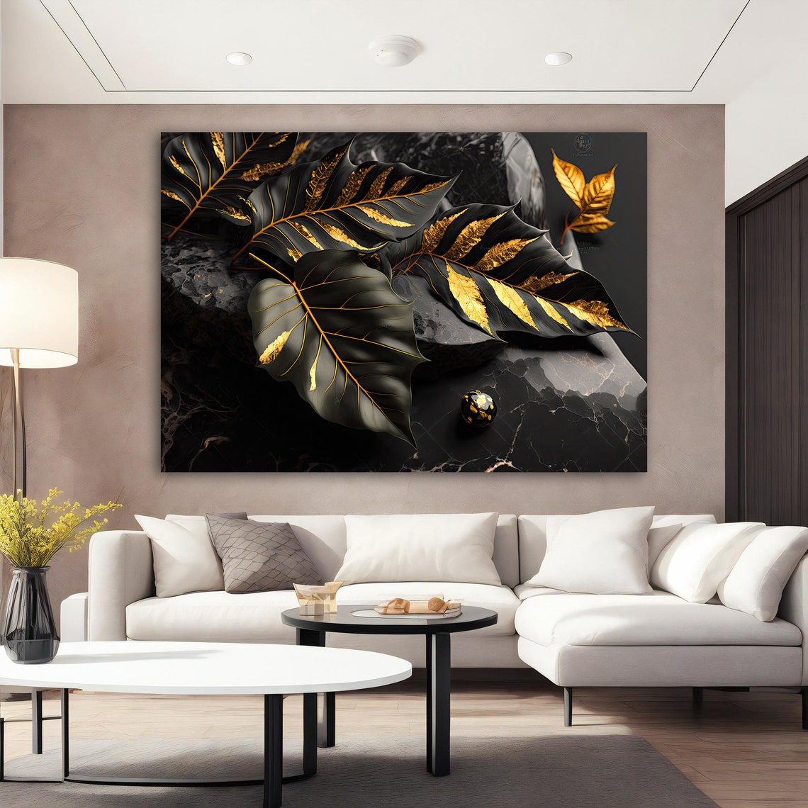 Black Gold Veined Leaves Marble Luxe Modern Botanical Poster