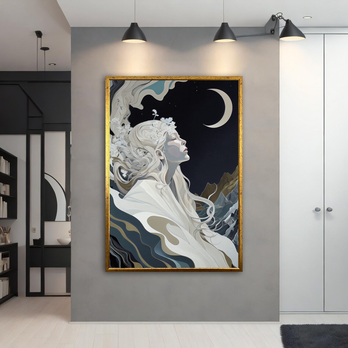 Moon Goddess Night Art Nouveau Pale Woman Crescent Moon Mountain Poster - Image 2