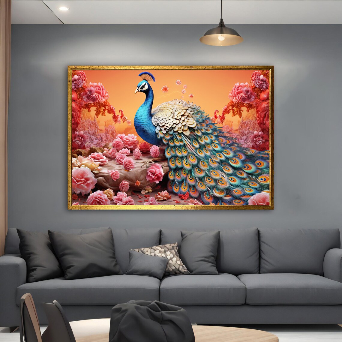 Painting Of Peacock In Pink Roses Floral Peacock Painting Print On Framed Wall Blue Animal Art Artistic Bird Painting - Image 2