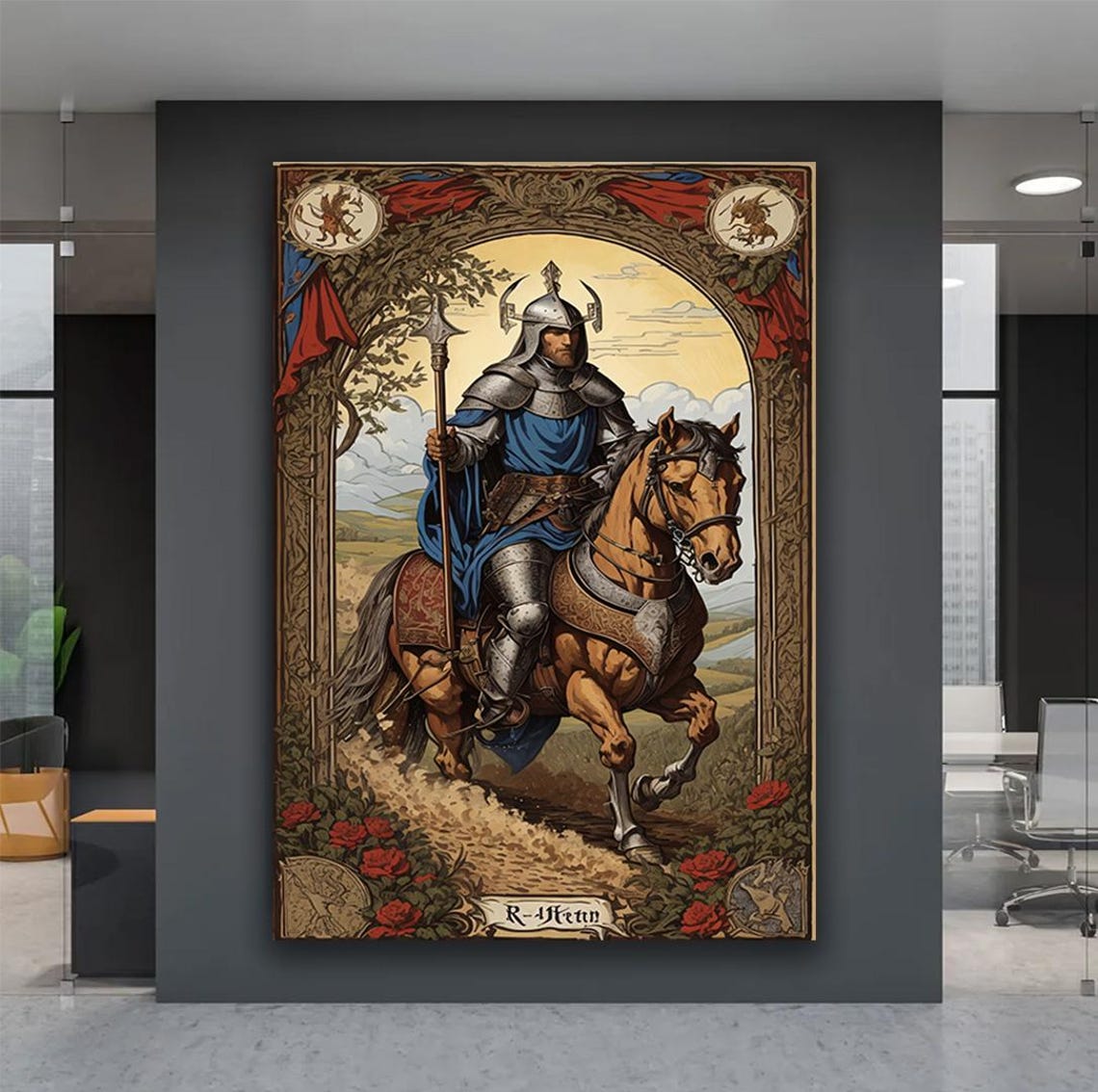 Medieval Knight on Horseback Vintage Tarot Card Style Wall Art