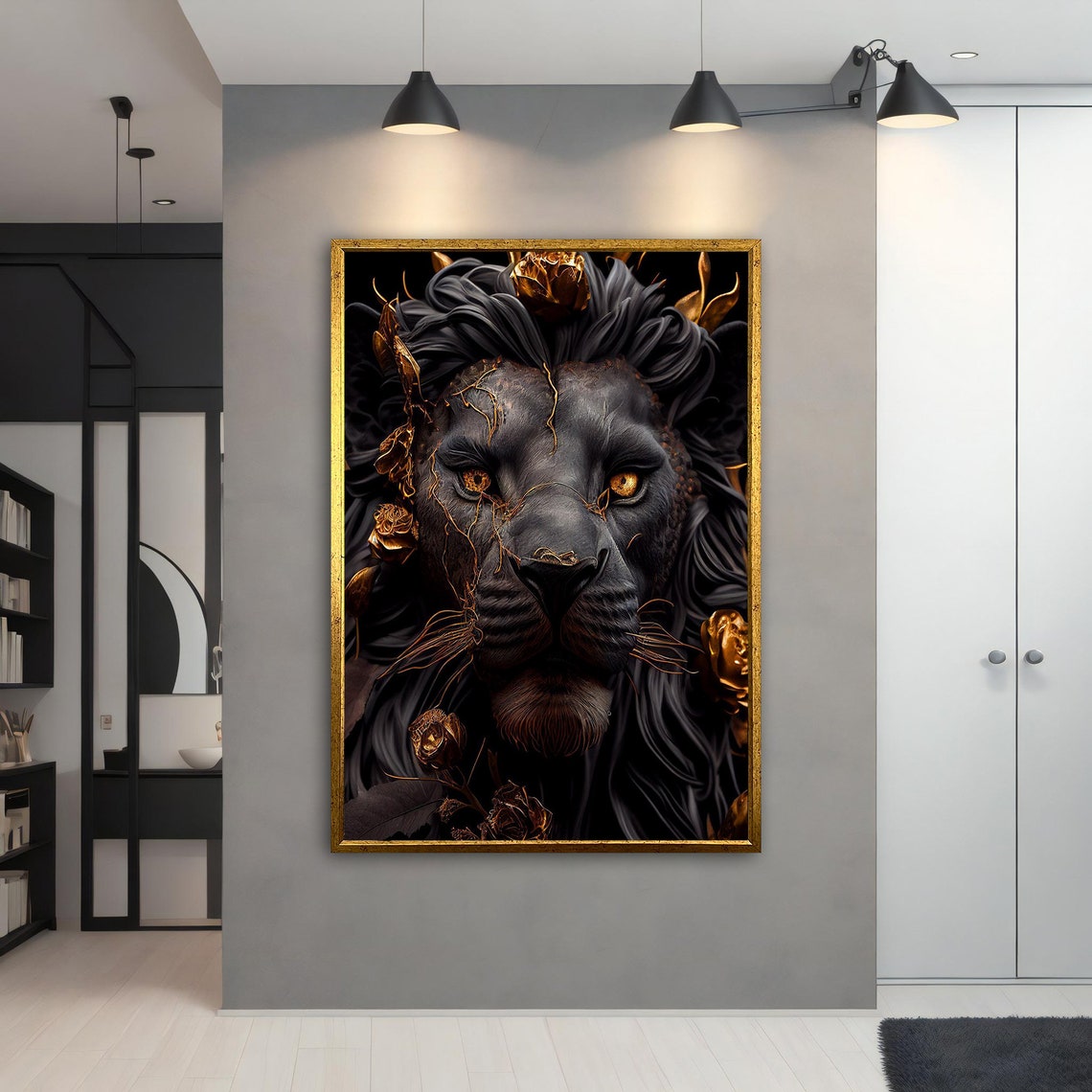 Black Lion Golden Roses Luxe Dark Floral Animal Wall Art Poster - Image 3