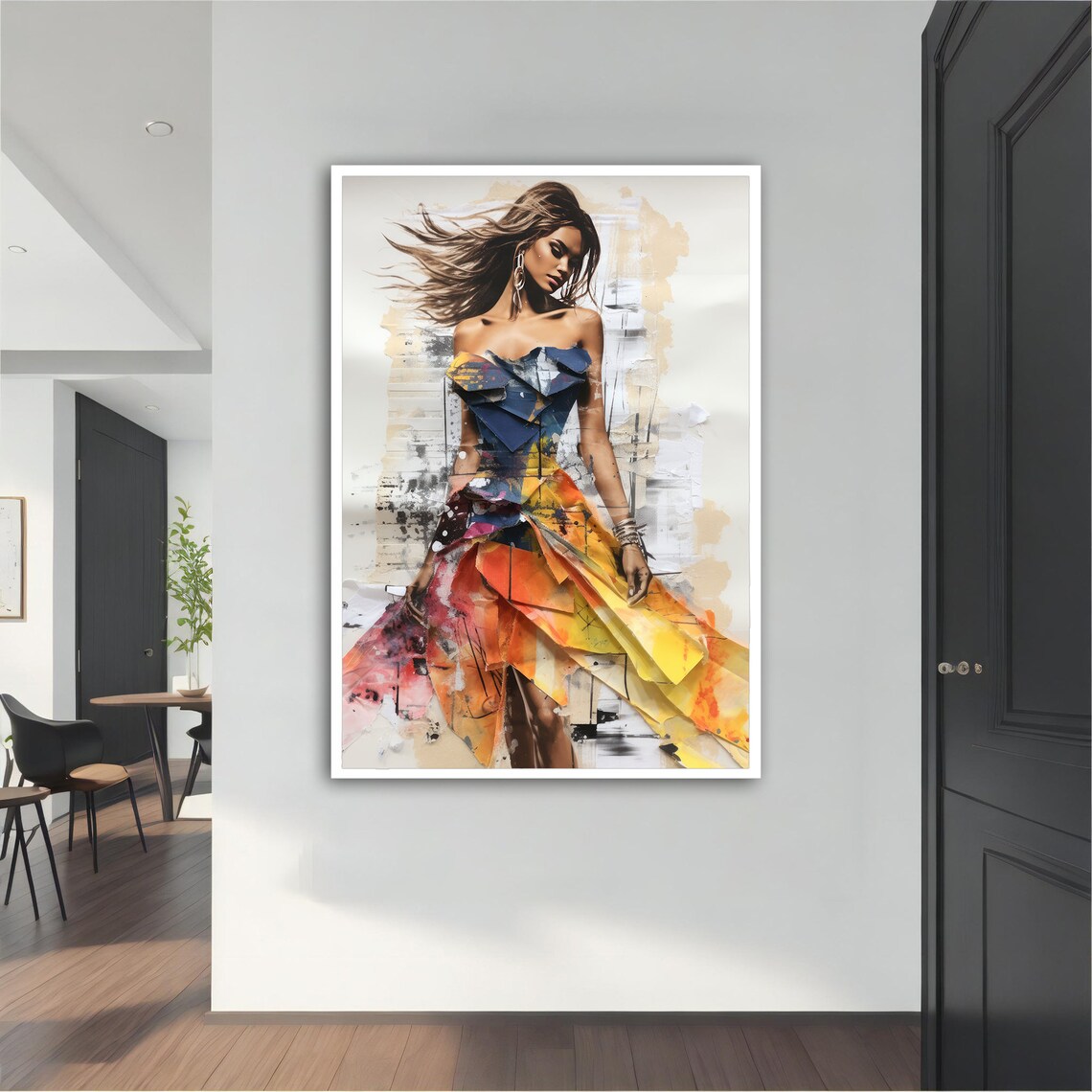 Fashion Woman Colorful Collage Dress Windblown Hair Wall Art Print