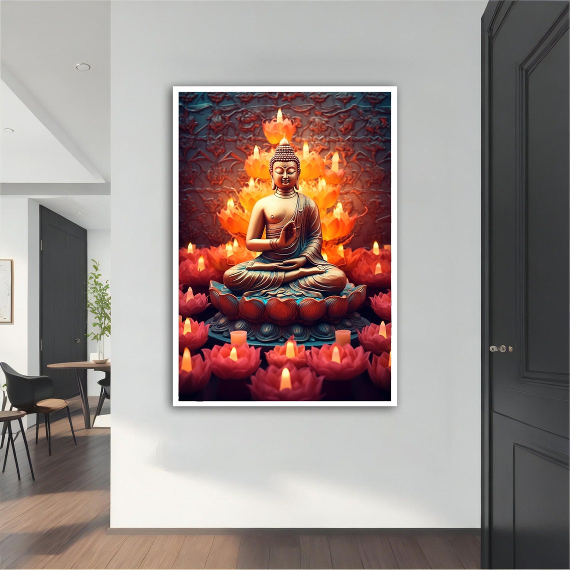 Bronze Buddha Lotus Throne Red Candles Dark Asian Art Poster