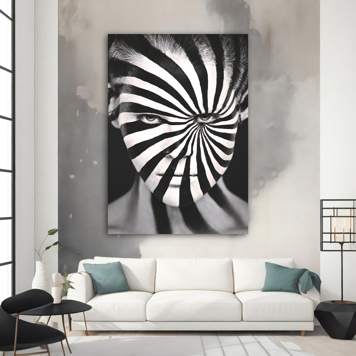 Hypnotic Spiral Face Paint Black White Woman Portrait Wall Art - Image 4