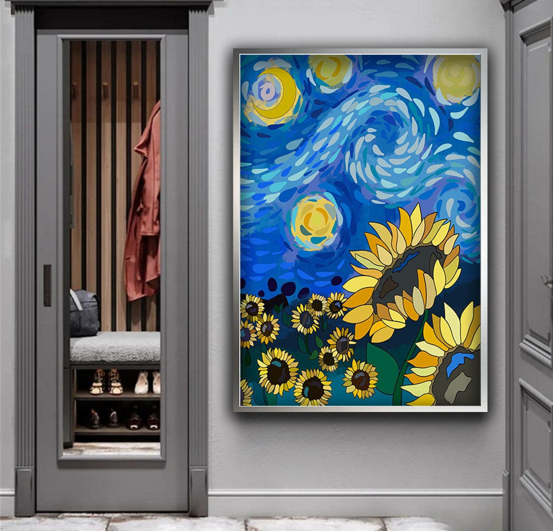 Sunflowers Starry Night Van Gogh Style Swirling Sky Art Poster - Image 2
