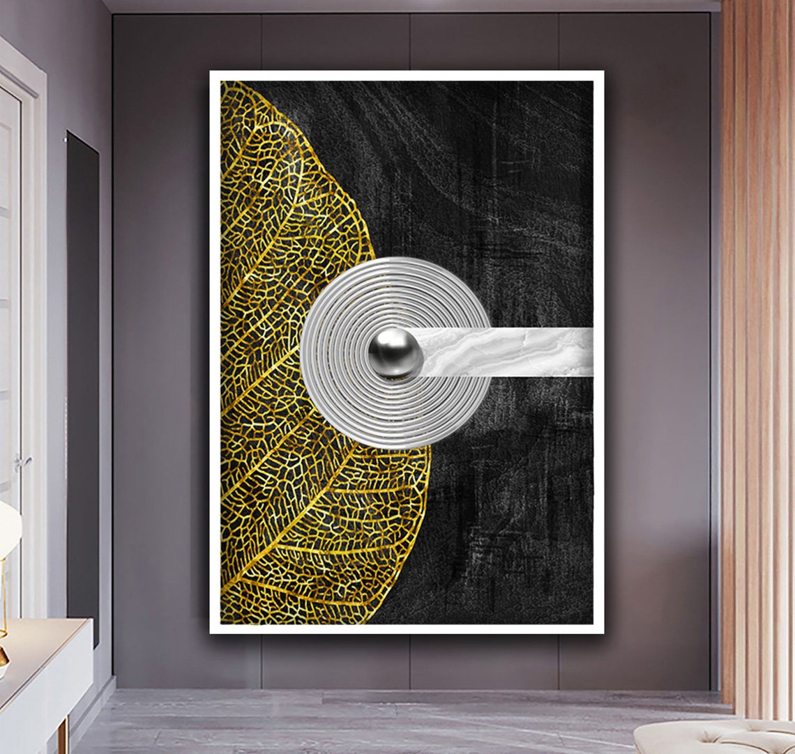 Black and Gold Leaf Skeleton Circle Marble Modern Wall Art Poster - Image 3