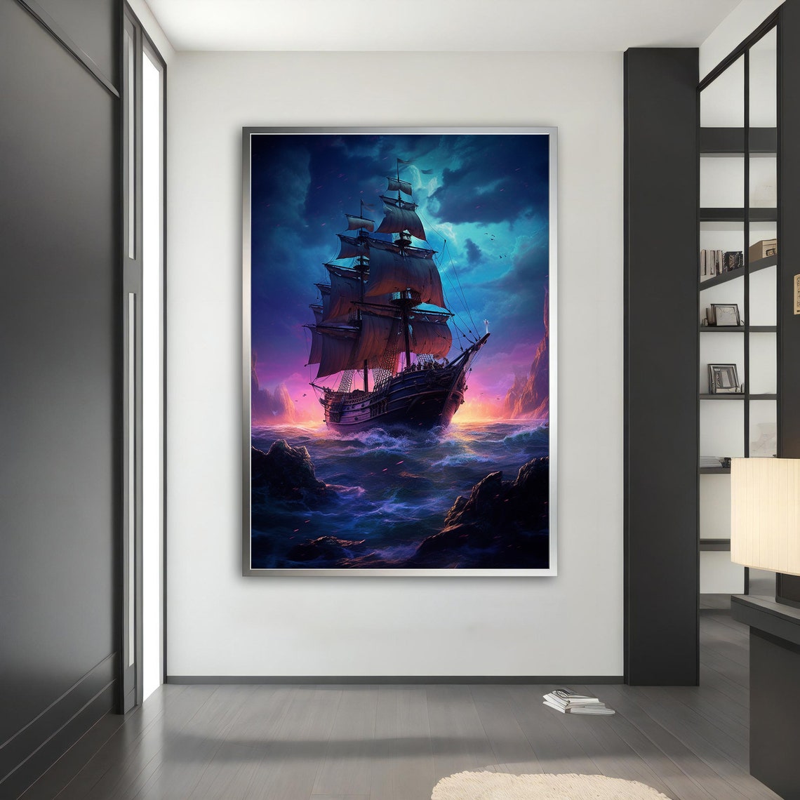 Fantasy Pirate Ship Sunset Epic Purple Sky Ocean Voyage Art Poster - Image 5