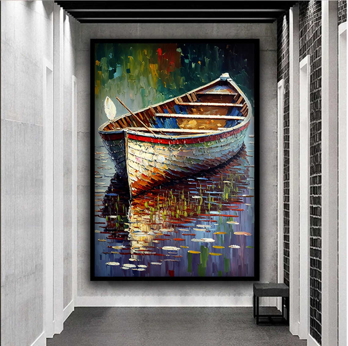 Wooden Rowboat On Calm Lake Impasto Oil Painting Reflection Poster - Image 3