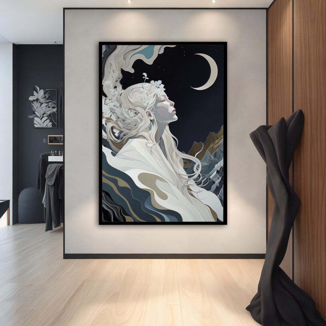 Moon Goddess Night Art Nouveau Pale Woman Crescent Moon Mountain Poster - Image 4