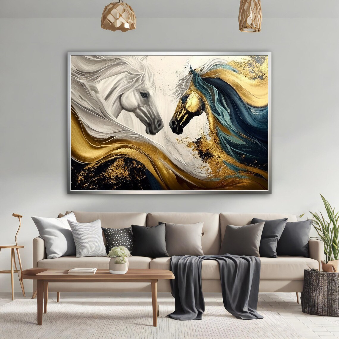 Two Noble Horses Facing Gold White Flowing Manes Animal Poster