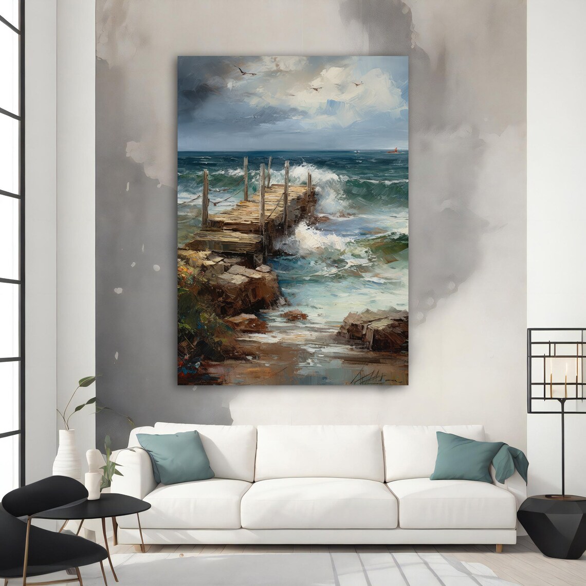 Rocky Ocean Pier Crashing Waves Oil Painting Seascape Wall Art - Image 2