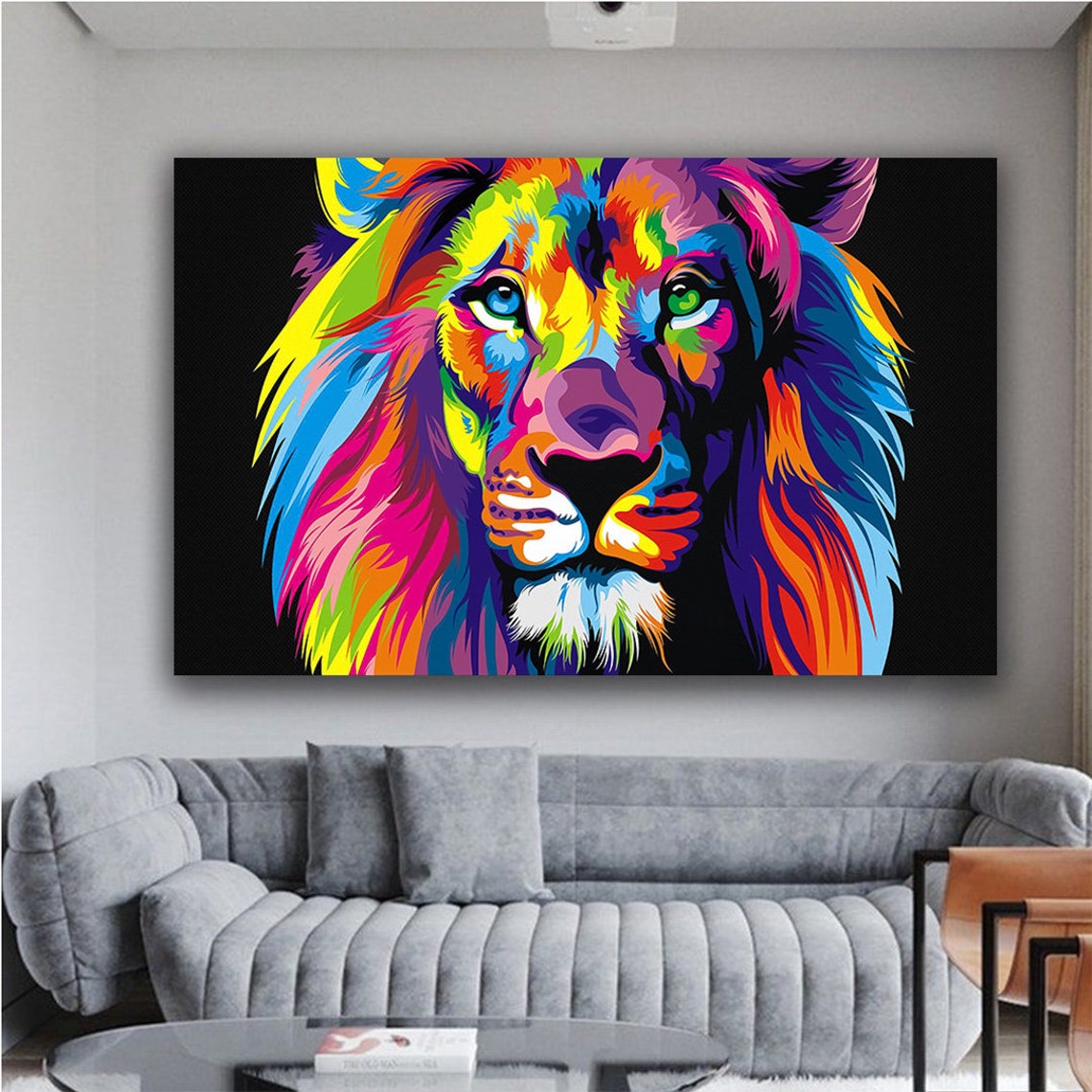 Rainbow Pop Art Lion Head Colorful Mane Bold Black Canvas Poster
