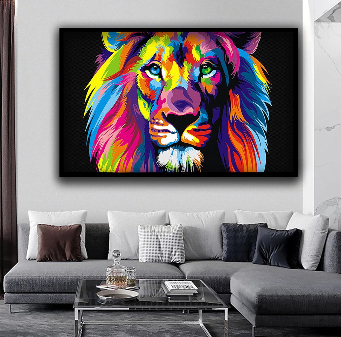 Rainbow Pop Art Lion Head Colorful Mane Bold Black Canvas Poster - Image 5