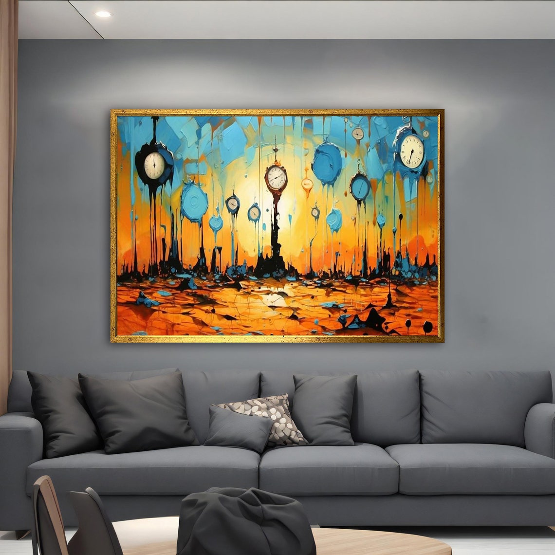 Surreal Melting Clocks on Poles in Orange and Blue Dreamscape Poster - Image 3