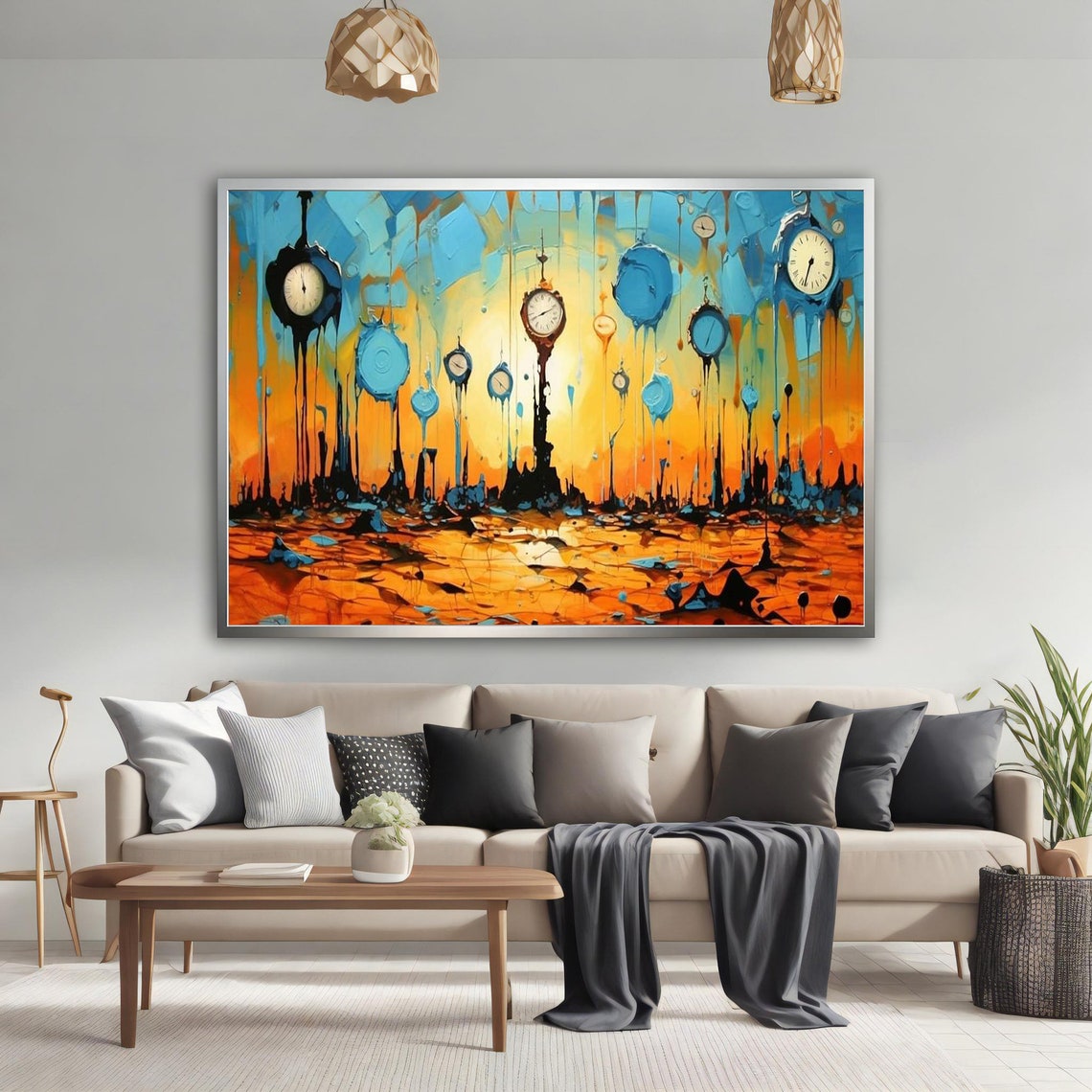 Surreal Melting Clocks on Poles in Orange and Blue Dreamscape Poster