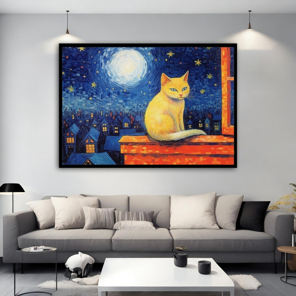 Golden Cat on Rooftop Under Full Moon Starry Night Village Poster - Image 2