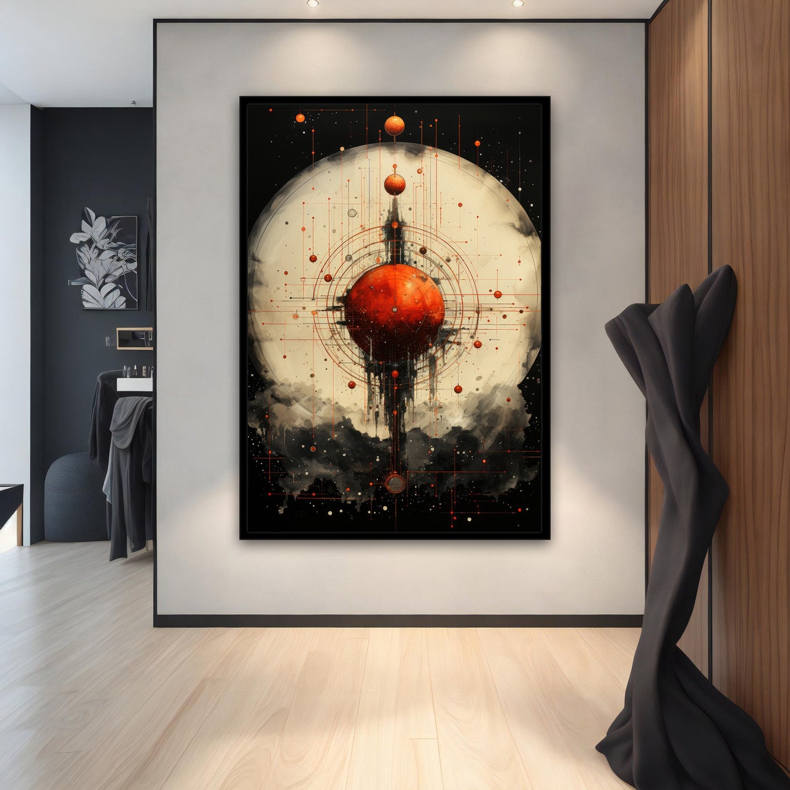 Cosmic Red Planet Orbit Rings Cream Moon Black Space Art Poster - Image 2