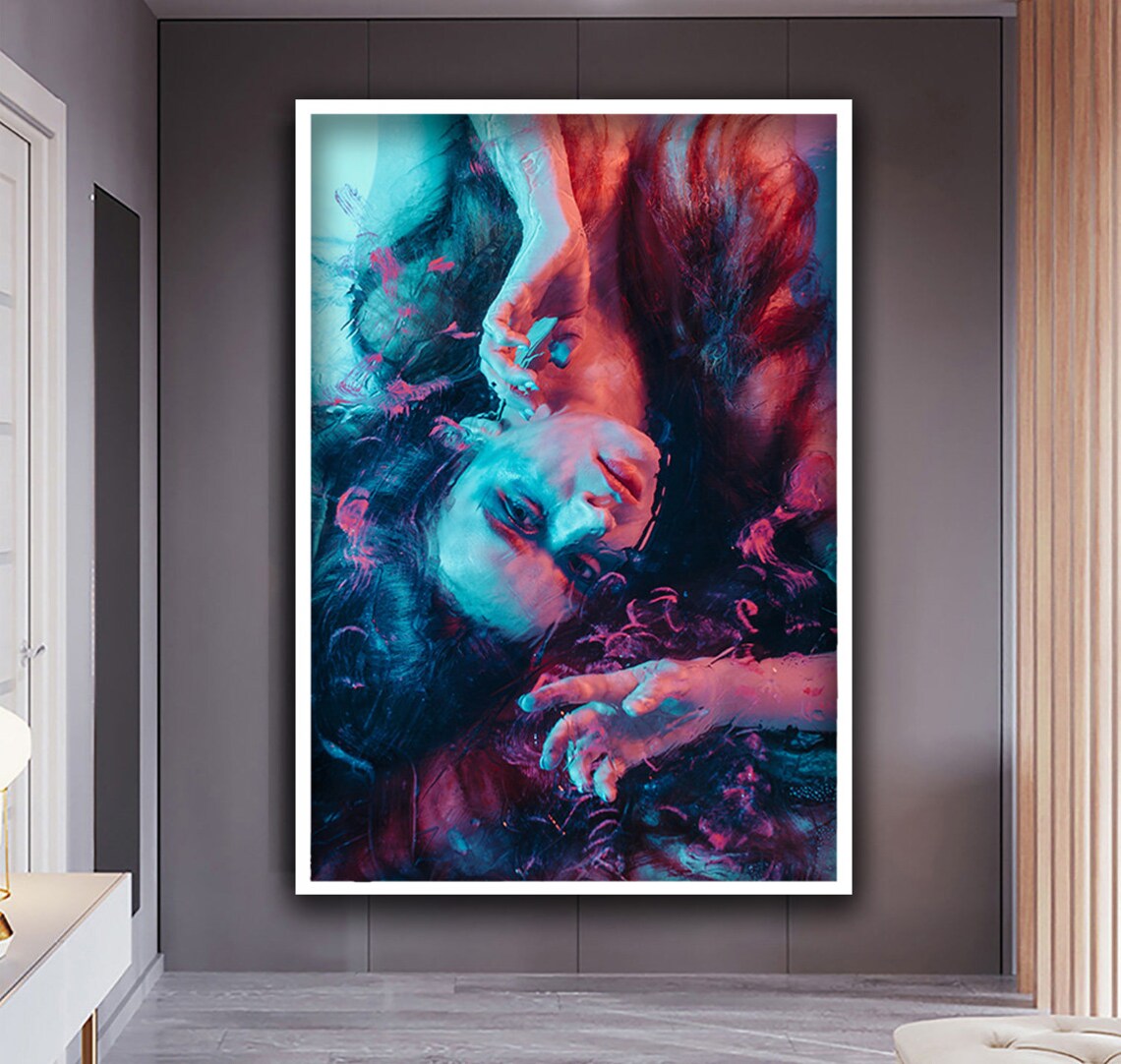 Woman Underwater Dark Hair Red Blue Light Dreamy Portrait Art Wall Poster - Image 2