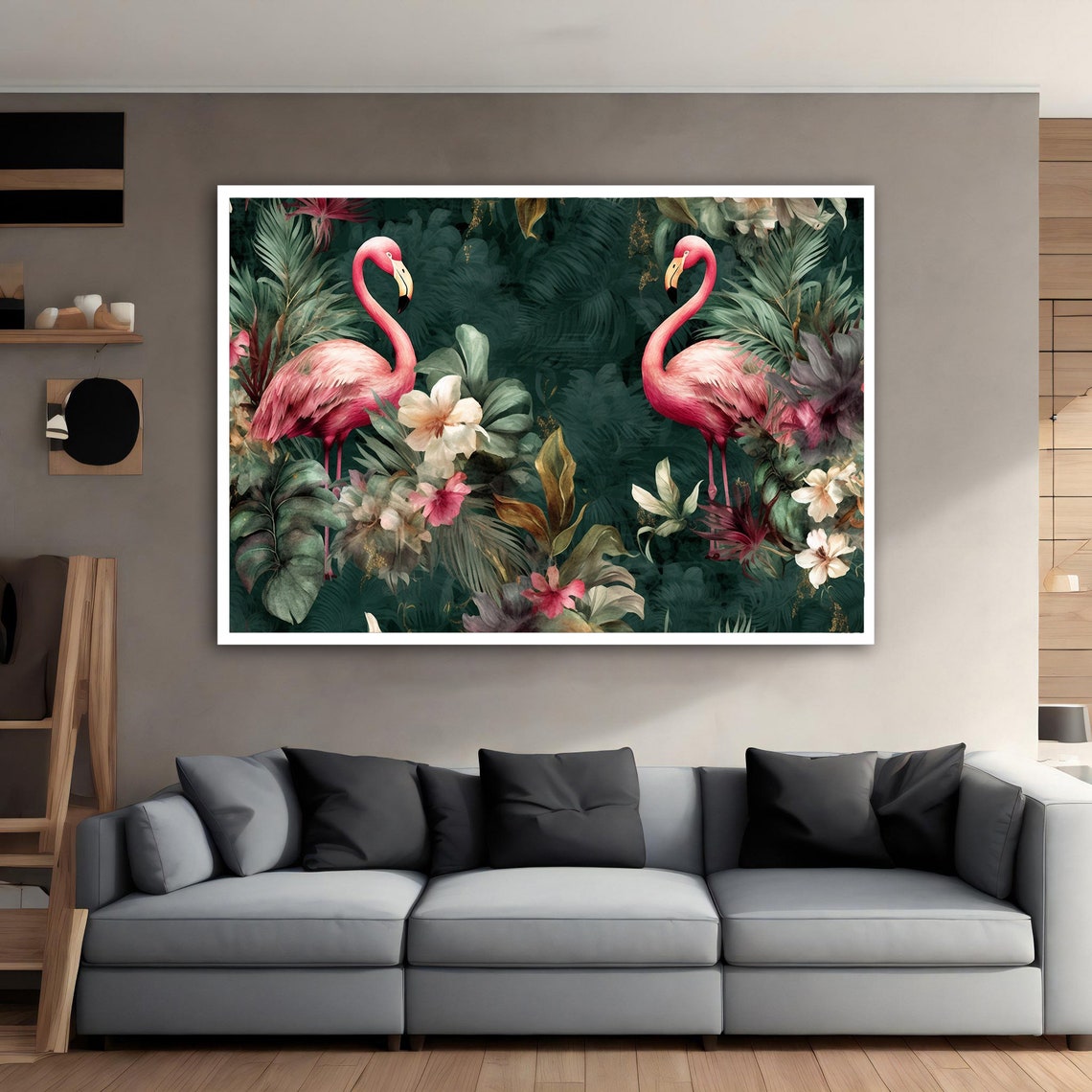Flamingos Among The Flowers Painting Pink Flamingo Art Tropical Floral Pink Flamingo Jungle Art Flamingo Wall Art