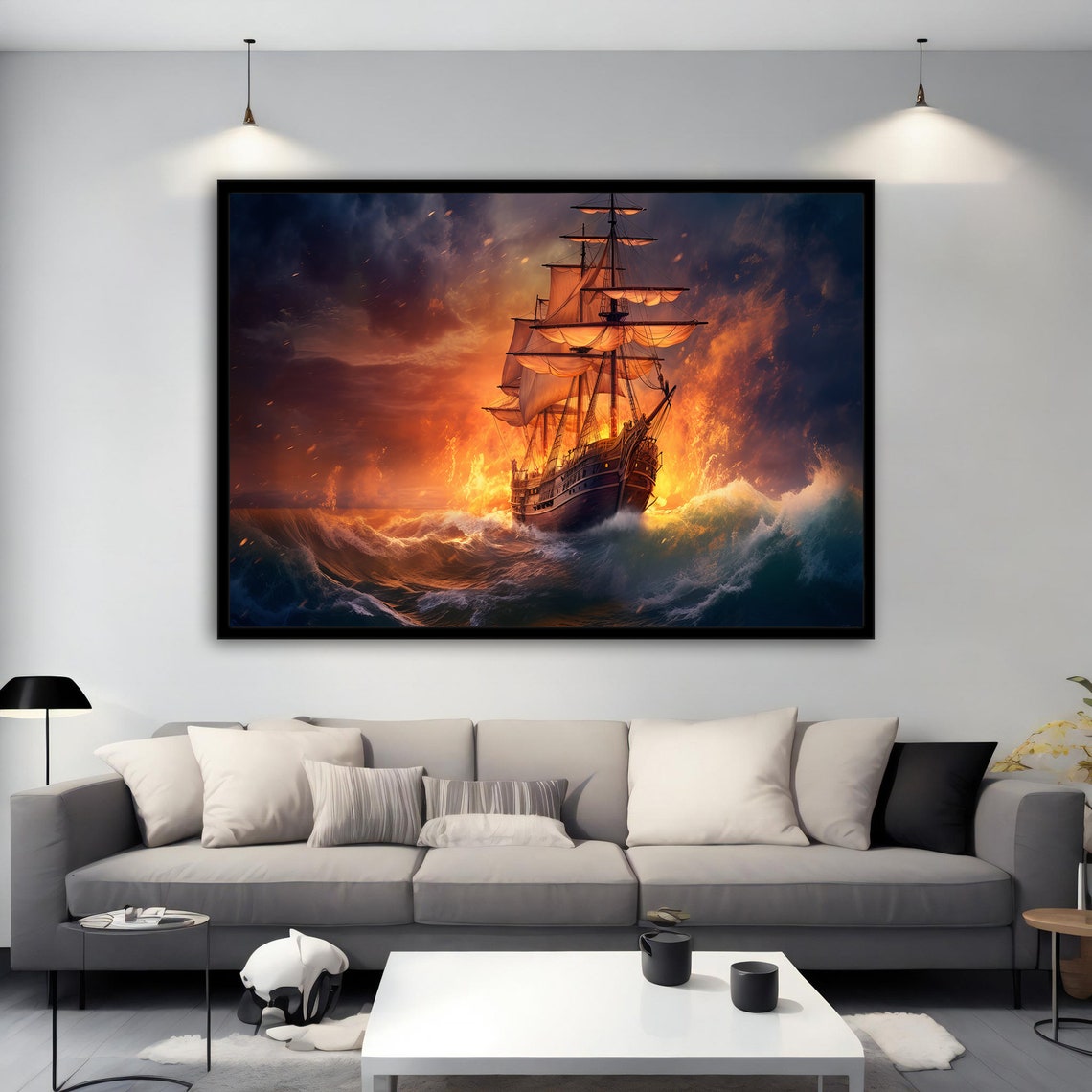 Tall Ship Fiery Sunset Sails Dramatic Ocean Waves Wall Art Print - Image 5