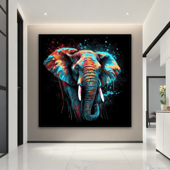 Colorful Elephant Head Painting Black Background Splash Wildlife Art Poster