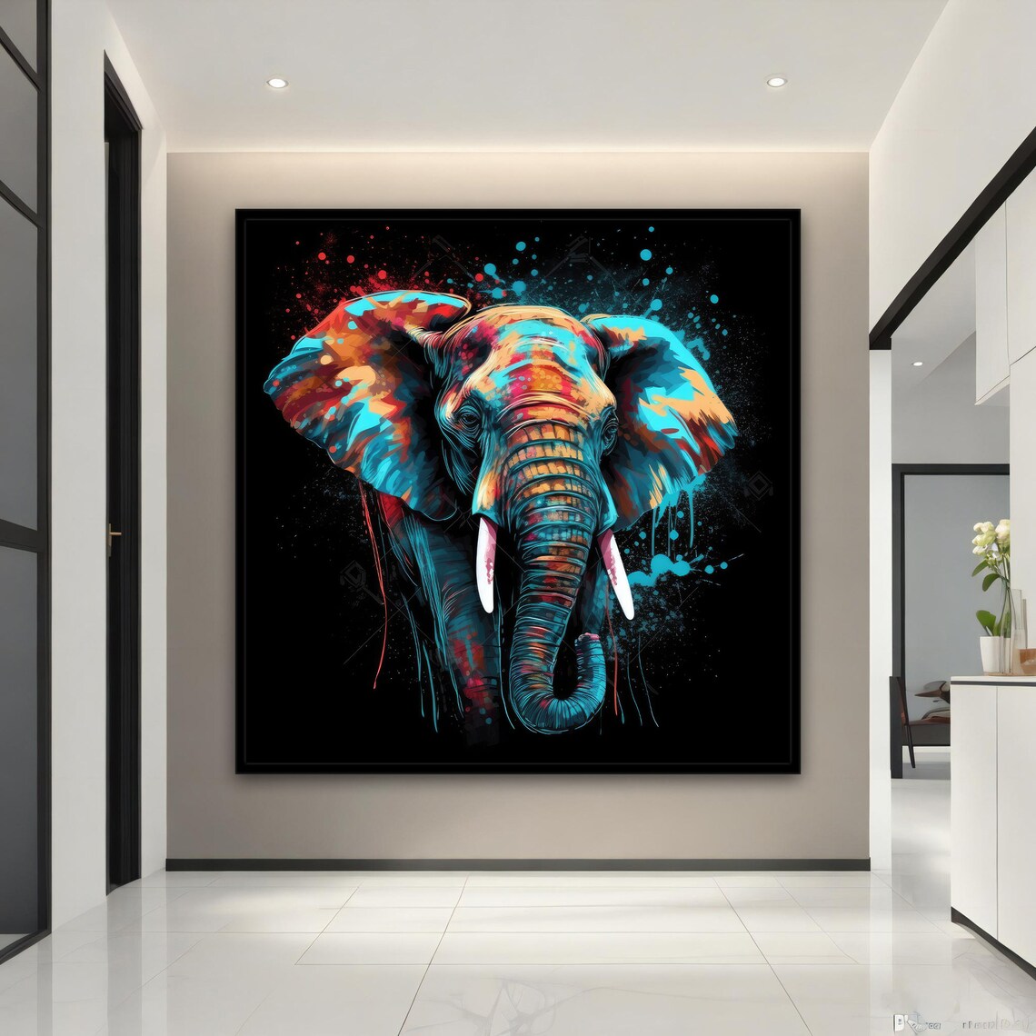 Colorful Elephant Head Painting Black Background Splash Wildlife Art Poster