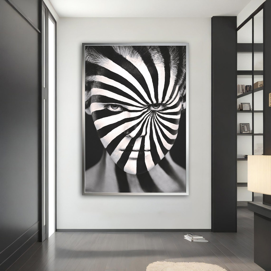 Hypnotic Spiral Face Paint Black White Woman Portrait Wall Art - Image 5
