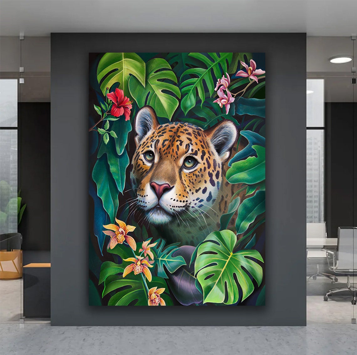 Jaguar in Tropical Leaves Orchids Lush Jungle Animal Art Poster - Image 5