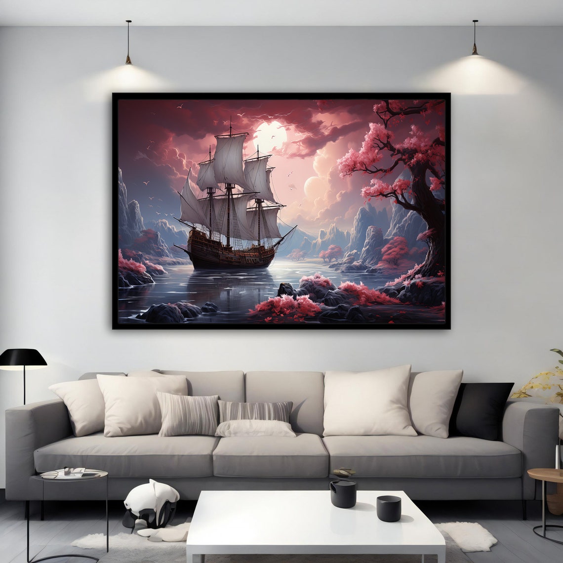 Tall Ship Pink Cherry Blossoms Fantasy Seascape Sail Art Poster - Image 5