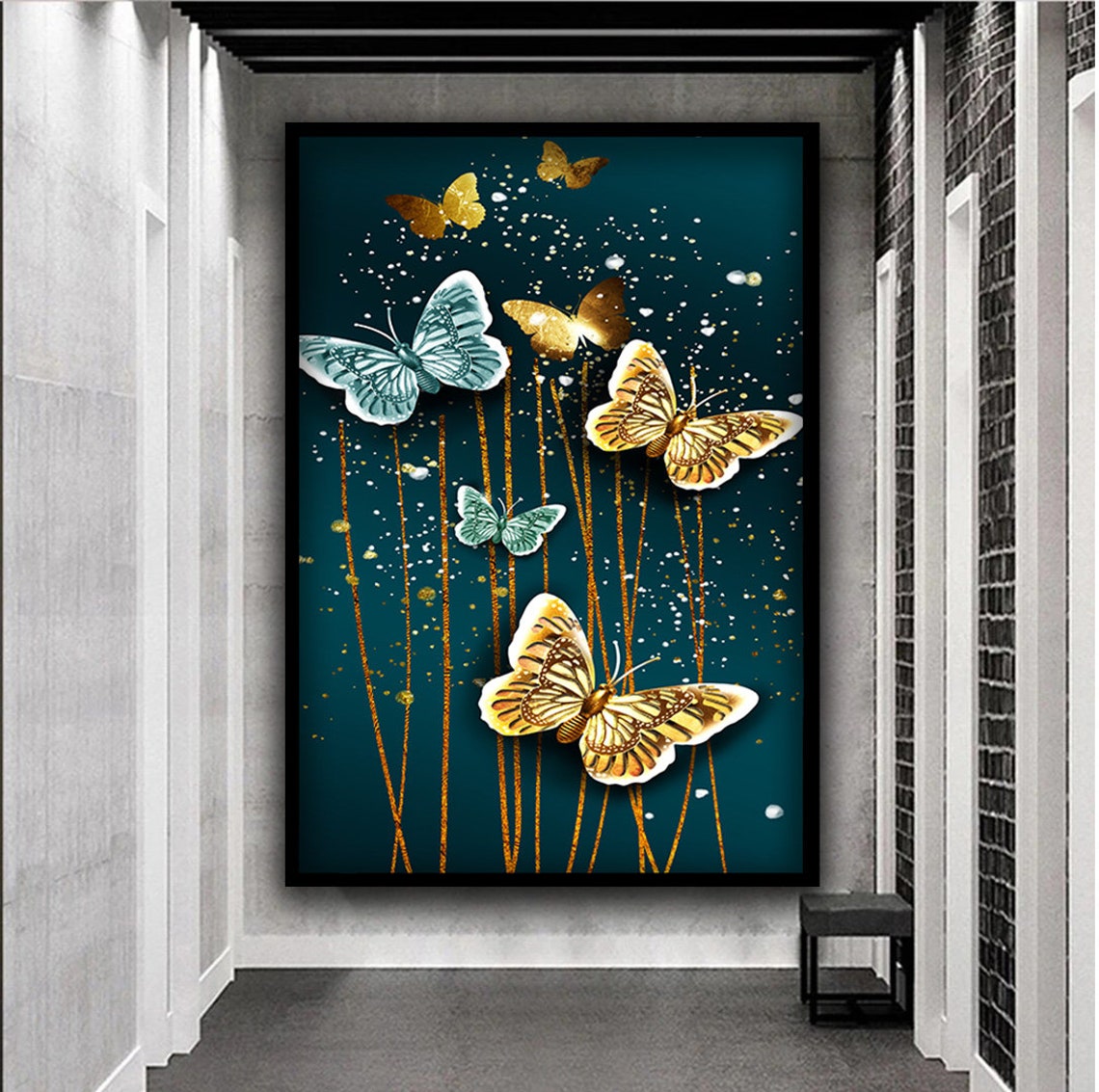 Gold and Teal Butterfly Swarm Dark Elegant Chic Modern Art Print - Image 3