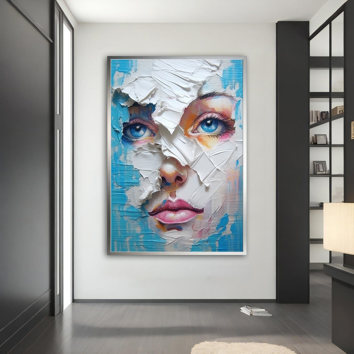 Blue and White Cracked Plaster Woman Face Modern Abstract Art Poster - Image 5