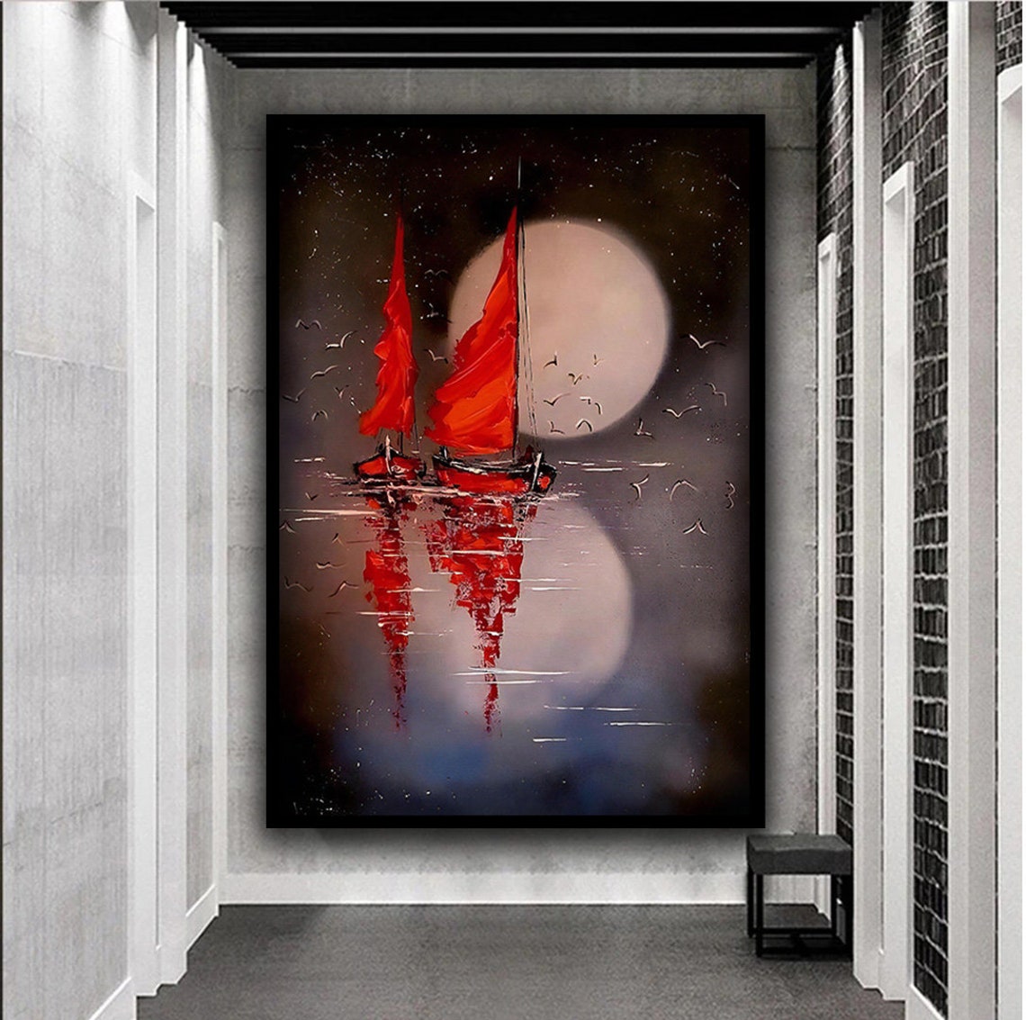 Red Sailboats Full Moon Night Sea Abstract Seascape Art Poster - Image 5