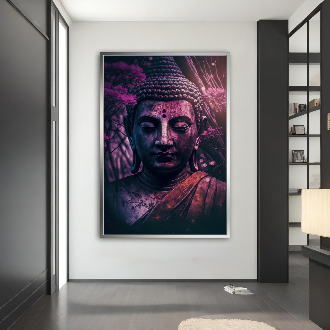 Purple Moonlit Buddha Statue Head Cherry Blossom Zen Meditation Poster - Image 3