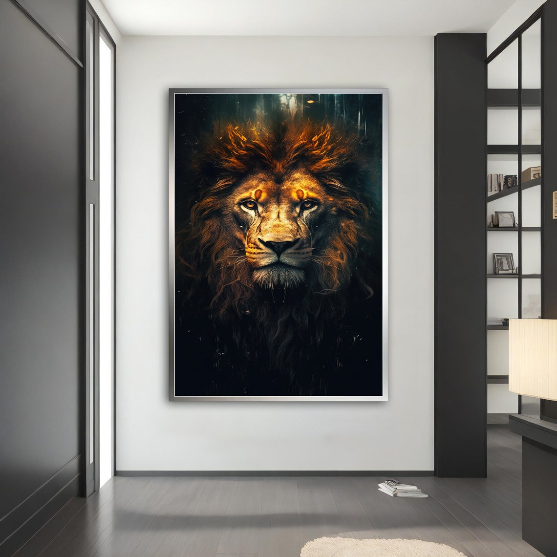 Fiery Lion Portrait Orange Mane Dark Background Majestic Animal Poster - Image 5