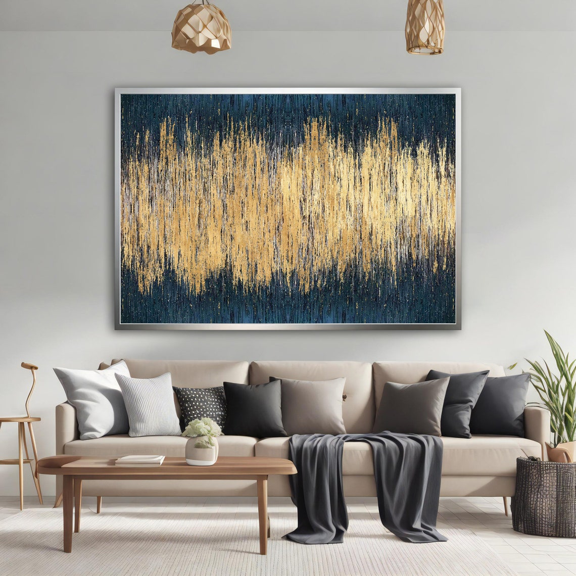 Gold Streak Abstract on Deep Navy Blue Shimmer Wall Art Poster - Image 2