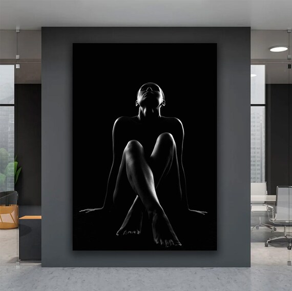 Black And White Nude Woman Seated Dramatic Low Key Silhouette Art Poster