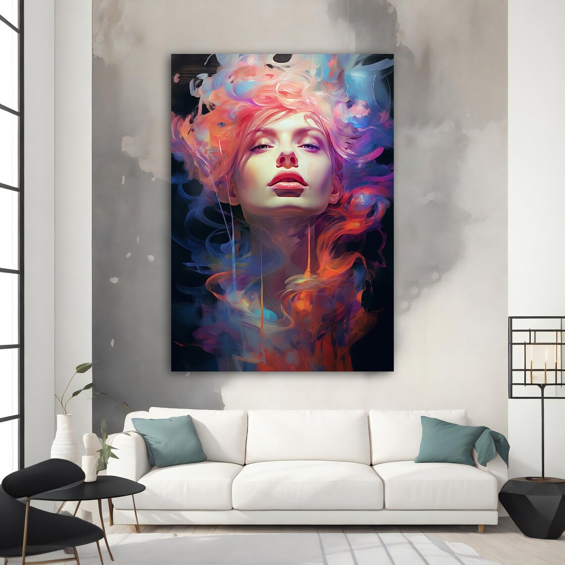 Dreamy Woman Pink Blue Smoke Hair Ethereal Portrait Wall Art Print - Image 2