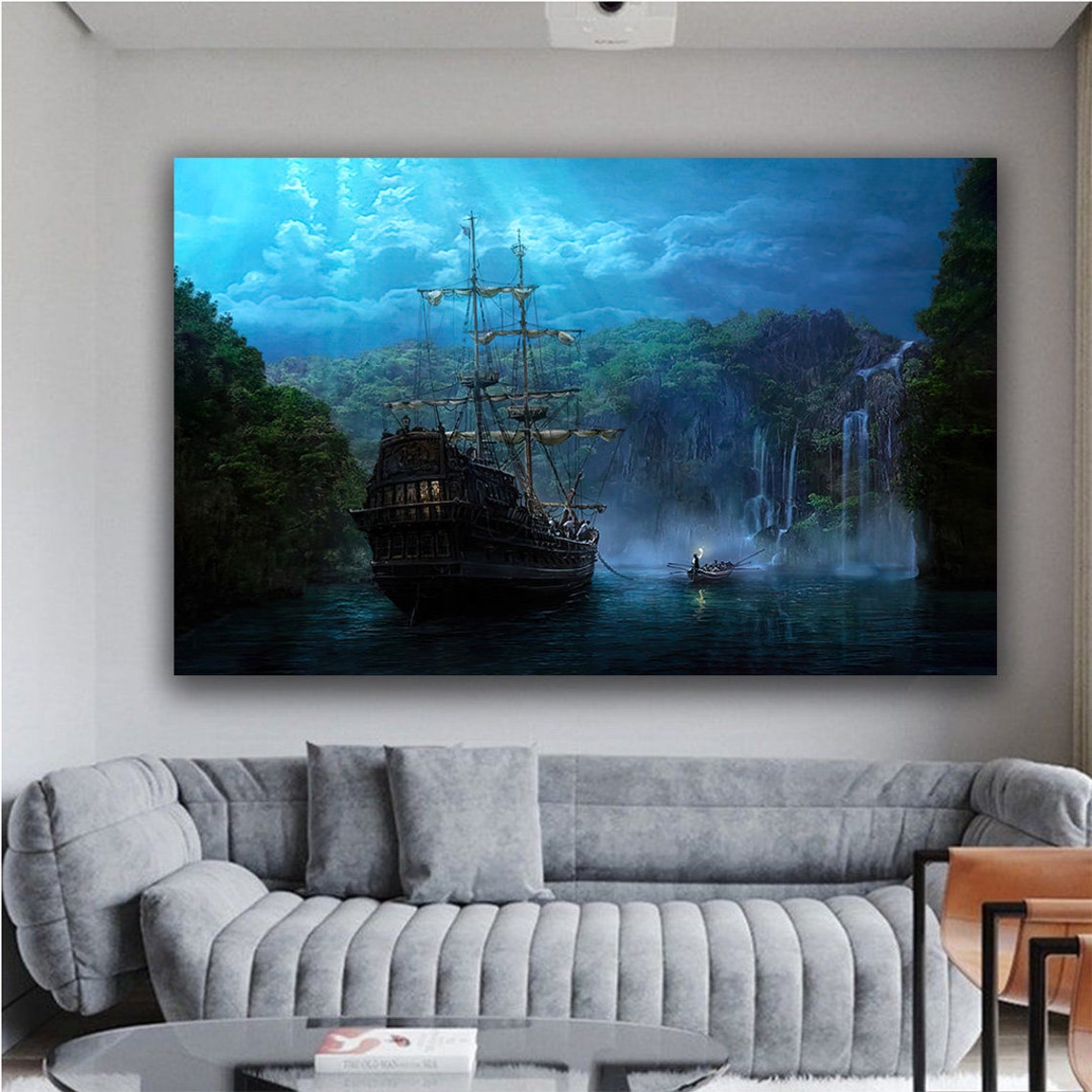 Moonlit Pirate Ship Tropical Cove Waterfall Fantasy Wall Art