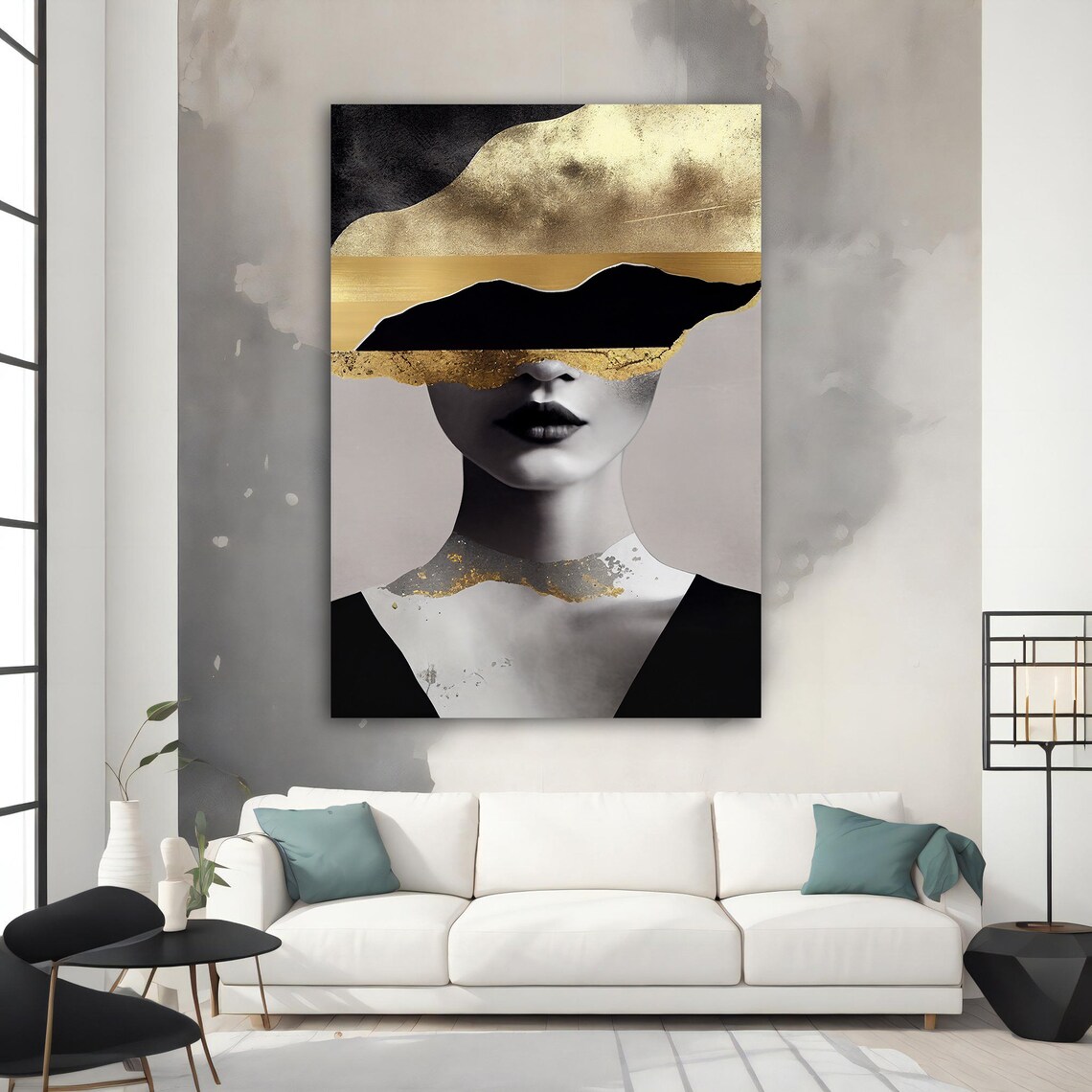 Black White Woman Gold Eye Band Abstract Elegant Portrait Wall Art - Image 2