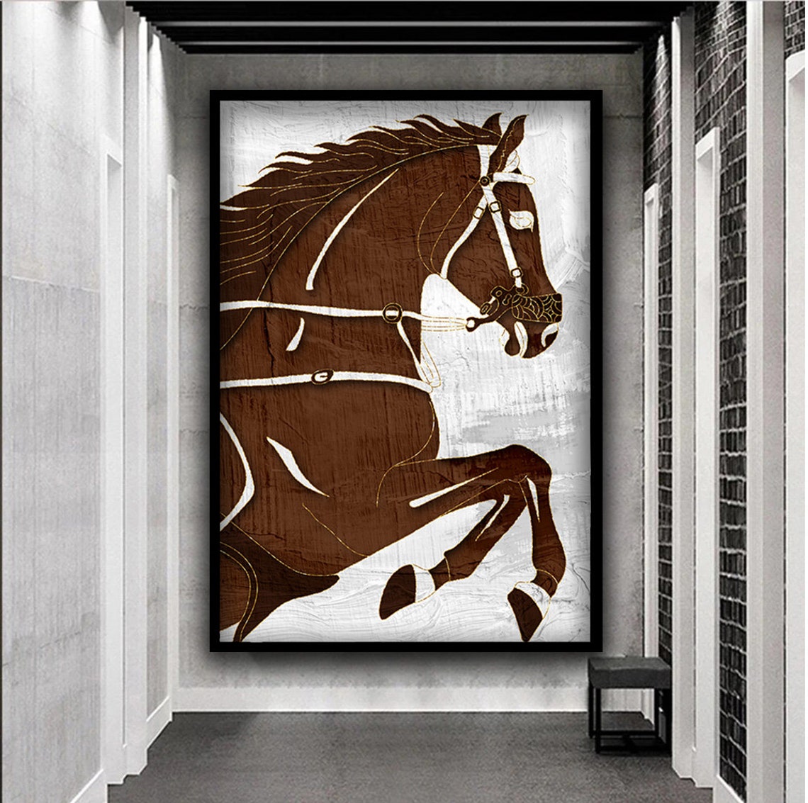 Rearing Brown Horse Bold Line Art White Bridle Equestrian Poster - Image 2