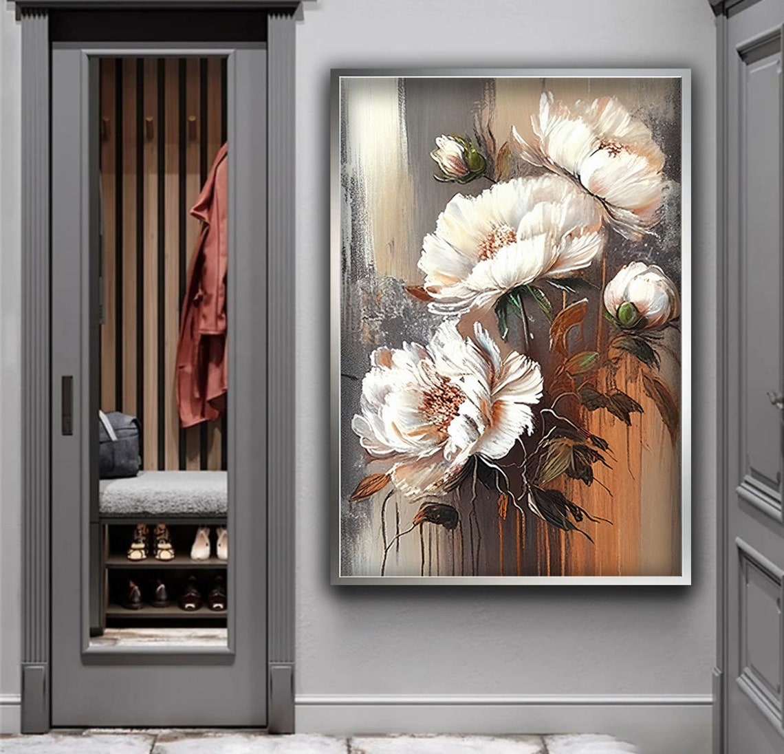 Blooming White Peonies Soft Grey Gold Botanical Floral Poster