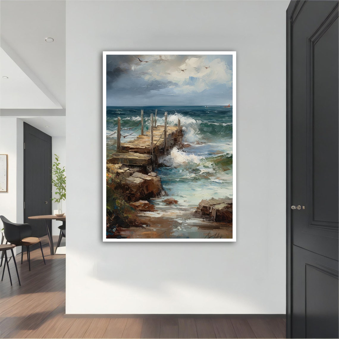 Rocky Ocean Pier Crashing Waves Oil Painting Seascape Wall Art