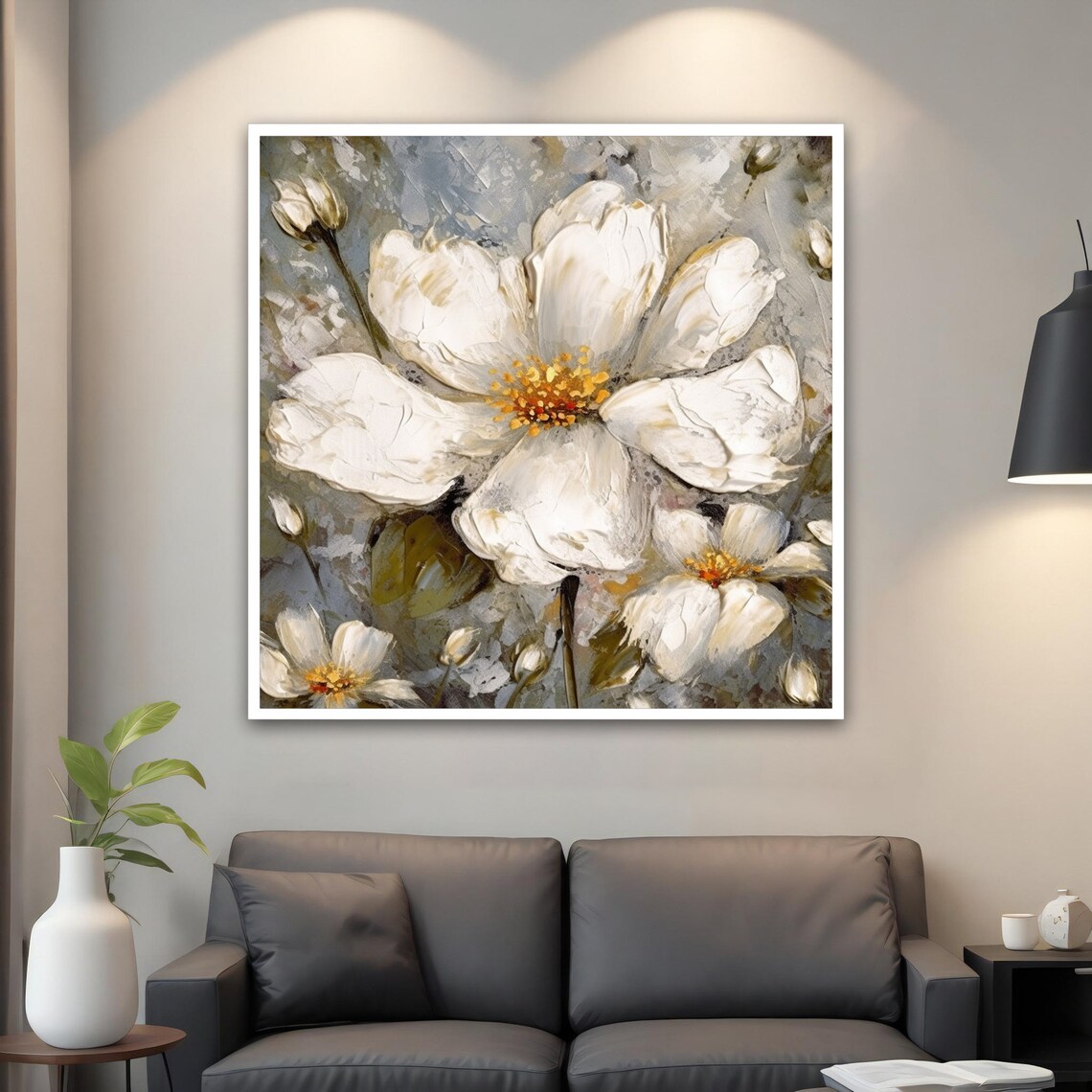 White Flowers Oil Painting Impasto Soft Gray Floral Art Poster - Image 5
