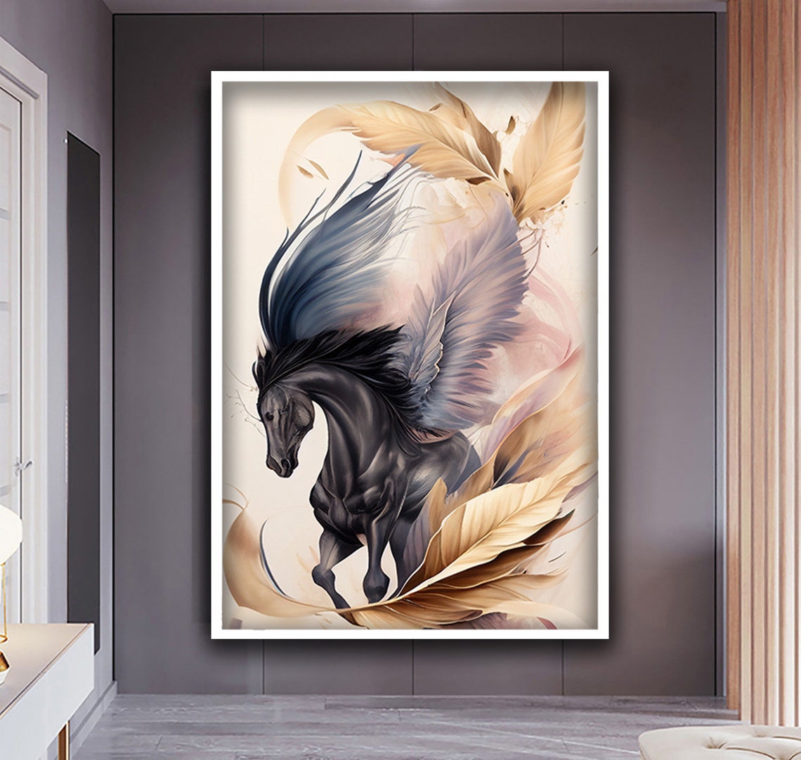 Black Winged Pegasus Horse with Flowing Feathers Cream Dream Poster - Image 3