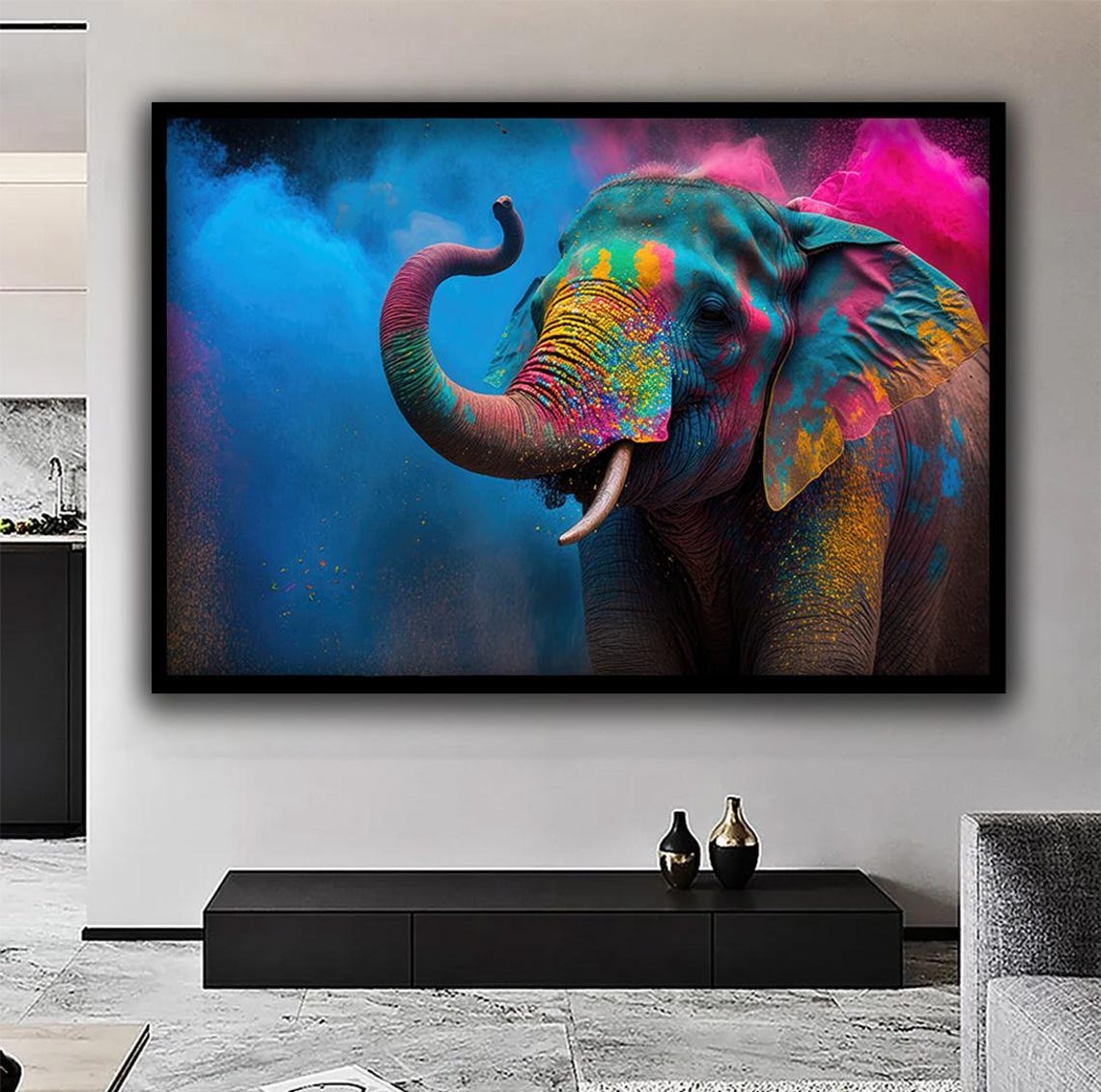 Colorful Paint Splashed Elephant with Trunk Up on Blue Smoke Poster - Image 2