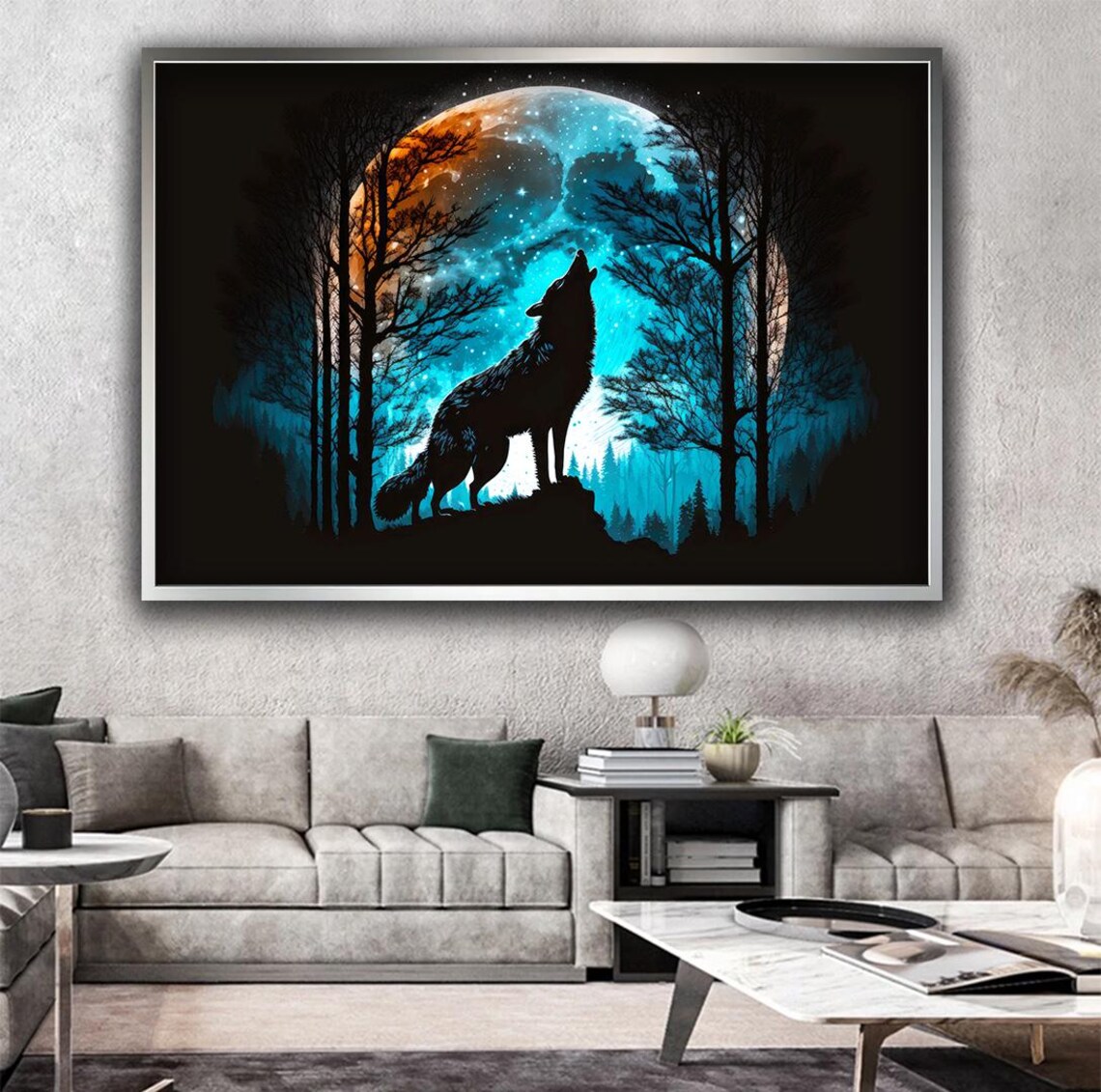 Howling Wolf Full Moon Night Forest Silhouette Wildlife Wall Art Poster - Image 3