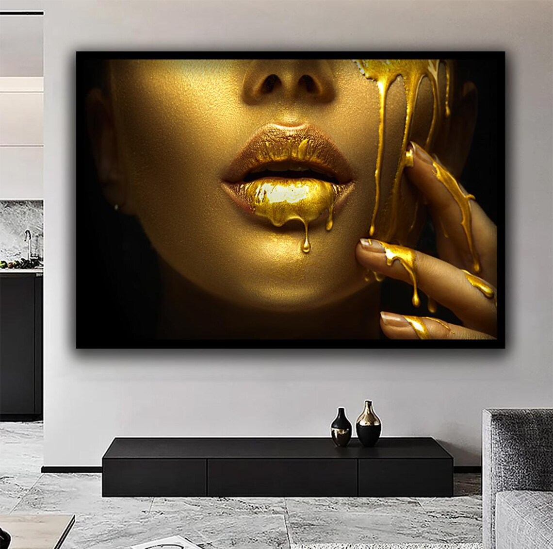 Molten Gold Woman Face Dripping Gold Lips Luxury Portrait Wall Art - Image 2